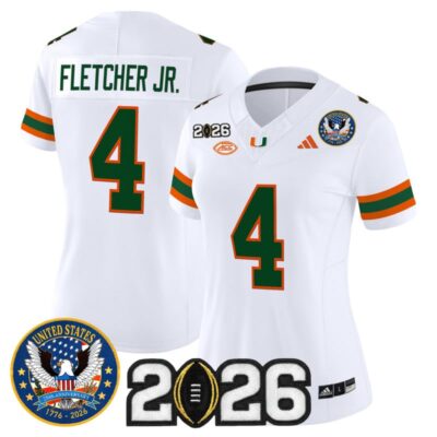 Women's Miami Hurricanes "United States 250th Anniversary & 2026 CFP Final Patch" Vapor Limited Jersey - White / Mark Fletcher Jr.