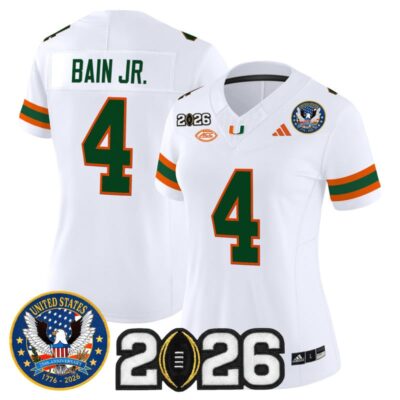 Women's Miami Hurricanes "United States 250th Anniversary & 2026 CFP Final Patch" Vapor Limited Jersey - White / Rueben Bain Jr.