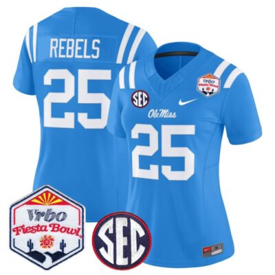 Women's Ole Miss Rebels 2026 The Fiesta Bowl Vapor Limited Stitched Jersey - Powder Blue / #25 Rebels