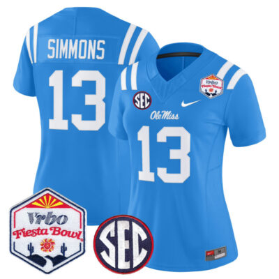 Women's Ole Miss Rebels 2026 The Fiesta Bowl Vapor Limited Stitched Jersey - Powder Blue / Austin Simmons