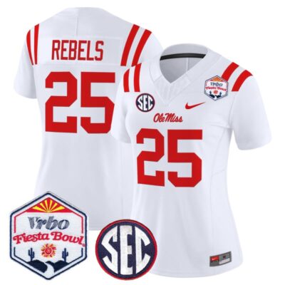 Women's Ole Miss Rebels 2026 The Fiesta Bowl Vapor Limited Stitched Jersey - White / #25 Rebels