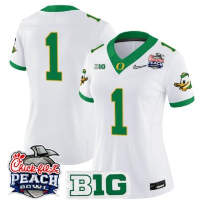 Women's Oregon Ducks 2026 Peach Bowl Vapor Limited Stitched Jersey - White Alternate / #1 Team