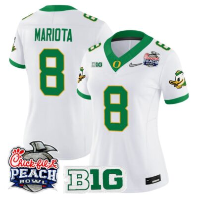 Women's Oregon Ducks 2026 Peach Bowl Vapor Limited Stitched Jersey - White Alternate / Marcus Mariota