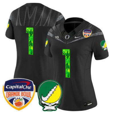 Women's Oregon Ducks "Grateful Ducks" Vapor Limited Stitched Jersey - 2025/26 Orange Bowl Patch - Black / #1 Team