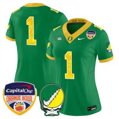 Women's Oregon Ducks "Grateful Ducks" Vapor Limited Stitched Jersey - 2025/26 Orange Bowl Patch - Green / #1 Team