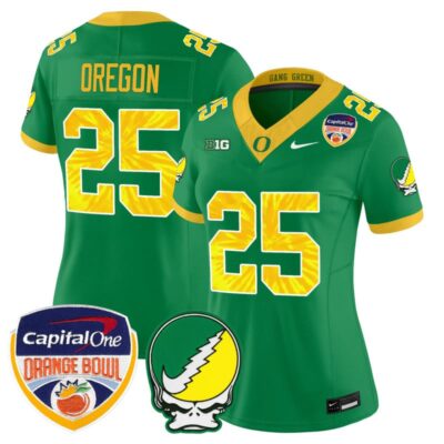 Women's Oregon Ducks "Grateful Ducks" Vapor Limited Stitched Jersey - 2025/26 Orange Bowl Patch - Green / #25 Oregon
