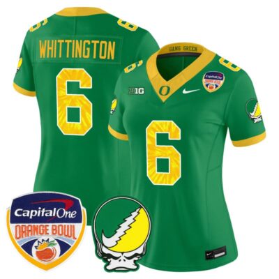 Women's Oregon Ducks "Grateful Ducks" Vapor Limited Stitched Jersey - 2025/26 Orange Bowl Patch - Green / Noah Whittington