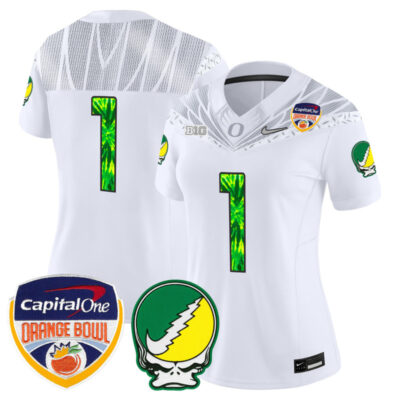 Women's Oregon Ducks "Grateful Ducks" Vapor Limited Stitched Jersey - 2025/26 Orange Bowl Patch - White / #1 Team
