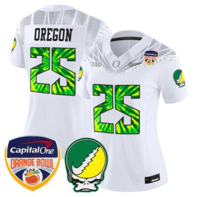 Women's Oregon Ducks "Grateful Ducks" Vapor Limited Stitched Jersey - 2025/26 Orange Bowl Patch - White / #25 Oregon