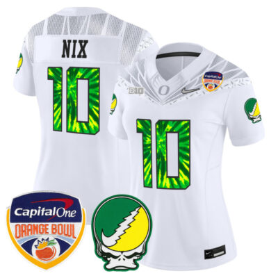 Women's Oregon Ducks "Grateful Ducks" Vapor Limited Stitched Jersey - 2025/26 Orange Bowl Patch - White / Bo Nix