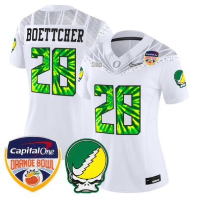 Women's Oregon Ducks "Grateful Ducks" Vapor Limited Stitched Jersey - 2025/26 Orange Bowl Patch - White / Bryce Boettcher