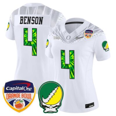 Women's Oregon Ducks "Grateful Ducks" Vapor Limited Stitched Jersey - 2025/26 Orange Bowl Patch - White / Malik Benson