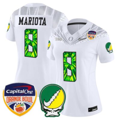 Women's Oregon Ducks "Grateful Ducks" Vapor Limited Stitched Jersey - 2025/26 Orange Bowl Patch - White / Marcus Mariota
