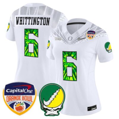 Women's Oregon Ducks "Grateful Ducks" Vapor Limited Stitched Jersey - 2025/26 Orange Bowl Patch - White / Noah Whittington