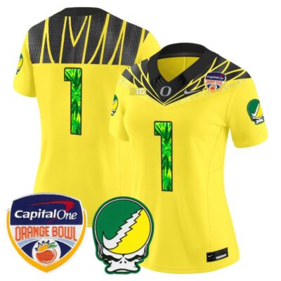 Women's Oregon Ducks "Grateful Ducks" Vapor Limited Stitched Jersey - 2025/26 Orange Bowl Patch - Yellow / #1 Team