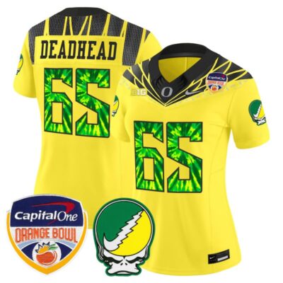 Women's Oregon Ducks "Grateful Ducks" Vapor Limited Stitched Jersey - 2025/26 Orange Bowl Patch - Yellow / 1965 Deadhead