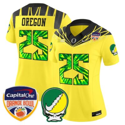 Women's Oregon Ducks "Grateful Ducks" Vapor Limited Stitched Jersey - 2025/26 Orange Bowl Patch - Yellow / #25 Oregon