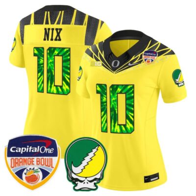 Women's Oregon Ducks "Grateful Ducks" Vapor Limited Stitched Jersey - 2025/26 Orange Bowl Patch - Yellow / Bo Nix