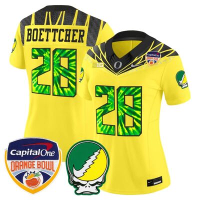 Women's Oregon Ducks "Grateful Ducks" Vapor Limited Stitched Jersey - 2025/26 Orange Bowl Patch - Yellow / Bryce Boettcher