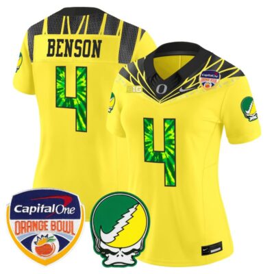 Women's Oregon Ducks "Grateful Ducks" Vapor Limited Stitched Jersey - 2025/26 Orange Bowl Patch - Yellow / Malik Benson