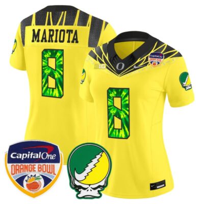Women's Oregon Ducks "Grateful Ducks" Vapor Limited Stitched Jersey - 2025/26 Orange Bowl Patch - Yellow / Marcus Mariota