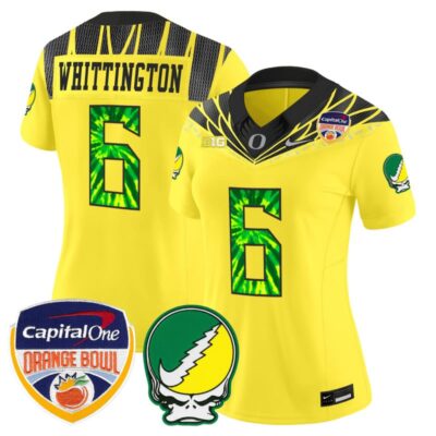 Women's Oregon Ducks "Grateful Ducks" Vapor Limited Stitched Jersey - 2025/26 Orange Bowl Patch - Yellow / Noah Whittington