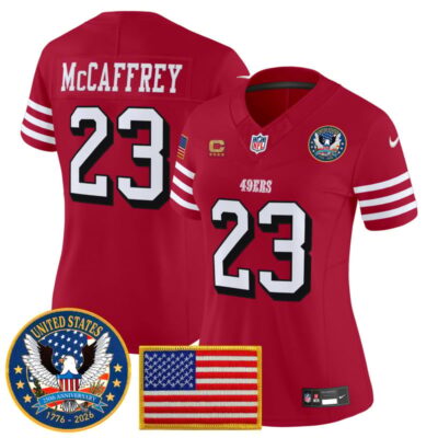 Women's San Francisco 49ers "United States 250th Anniversary Patch" Vapor Limited Jersey - Red / Christian McCaffrey