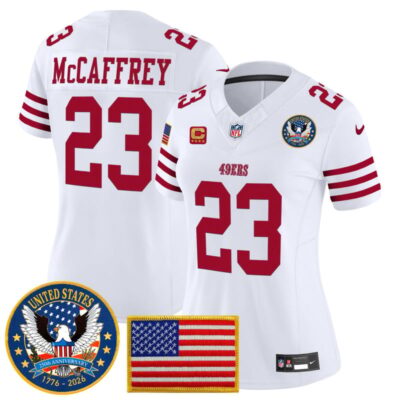 Women's San Francisco 49ers "United States 250th Anniversary Patch" Vapor Limited Jersey - White / Christian McCaffrey