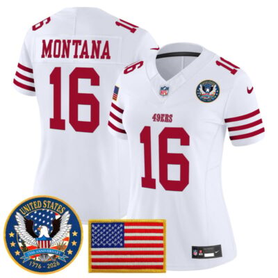 Women's San Francisco 49ers "United States 250th Anniversary Patch" Vapor Limited Jersey - White / Joe Montana