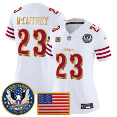 Women's San Francisco 49ers "United States 250th Anniversary Patch" Vapor Limited Jersey - White Rivalries / Christian McCaffrey
