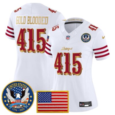 Women's San Francisco 49ers "United States 250th Anniversary Patch" Vapor Limited Jersey - White Rivalries / Gold Blooded 415