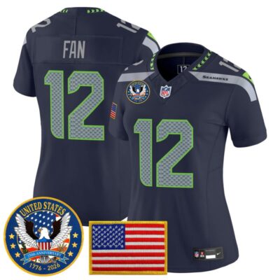 Women's Seattle Seahawks "United States 250th Anniversary Patch" Vapor Limited Jersey - College Navy / 12th Fan