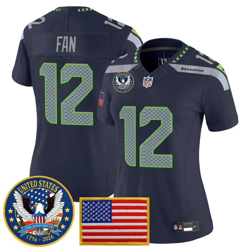 Women's Seattle Seahawks "United States 250th Anniversary Patch" Vapor Limited Jersey - College Navy / 12th Fan