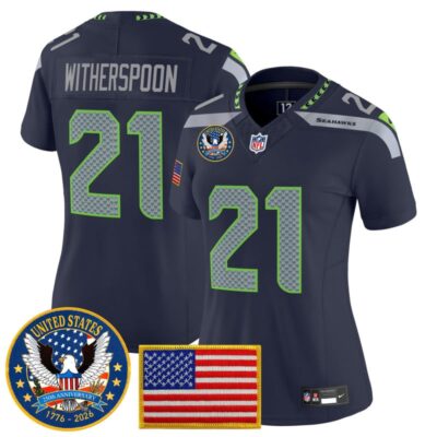 Women's Seattle Seahawks "United States 250th Anniversary Patch" Vapor Limited Jersey - College Navy / Devon Witherspoon