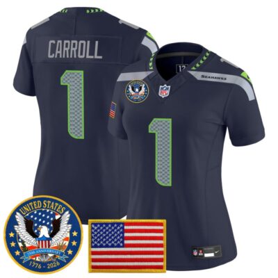 Women's Seattle Seahawks "United States 250th Anniversary Patch" Vapor Limited Jersey - College Navy / Pete Carroll