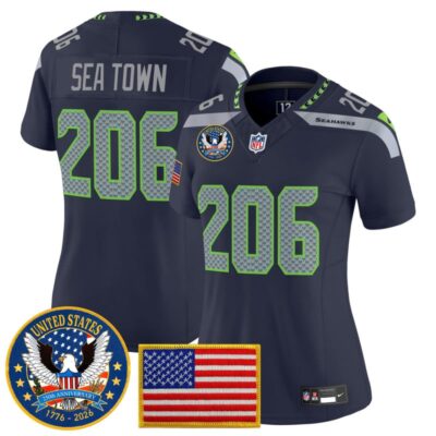 Women's Seattle Seahawks "United States 250th Anniversary Patch" Vapor Limited Jersey - College Navy / Sea Town 206