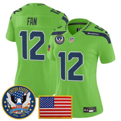 Women's Seattle Seahawks "United States 250th Anniversary Patch" Vapor Limited Jersey - Green / 12th Fan