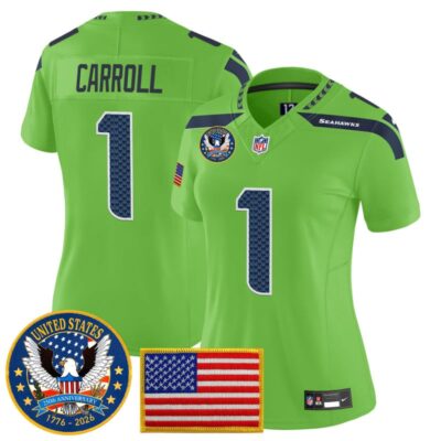 Women's Seattle Seahawks "United States 250th Anniversary Patch" Vapor Limited Jersey - Green / Pete Carroll