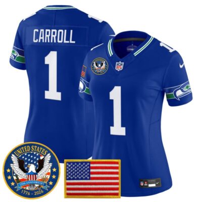Women's Seattle Seahawks "United States 250th Anniversary Patch" Vapor Limited Jersey - Royal / Pete Carroll