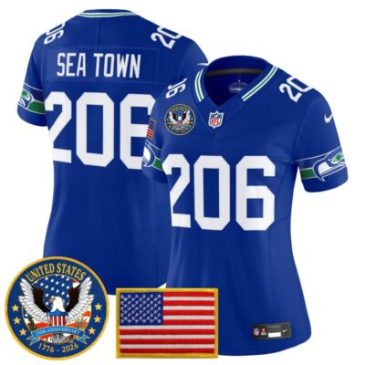 Women's Seattle Seahawks "United States 250th Anniversary Patch" Vapor Limited Jersey - Royal / Sea Town 206