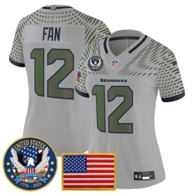 Women's Seattle Seahawks "United States 250th Anniversary Patch" Vapor Limited Jersey - Wolf Gray / 12th Fan