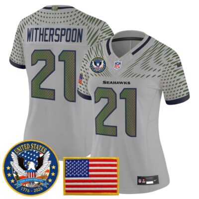 Women's Seattle Seahawks "United States 250th Anniversary Patch" Vapor Limited Jersey - Wolf Gray / Devon Witherspoon
