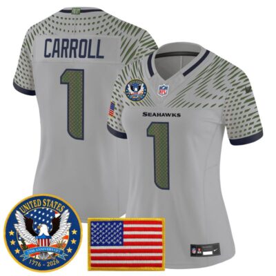 Women's Seattle Seahawks "United States 250th Anniversary Patch" Vapor Limited Jersey - Wolf Gray / Pete Carroll