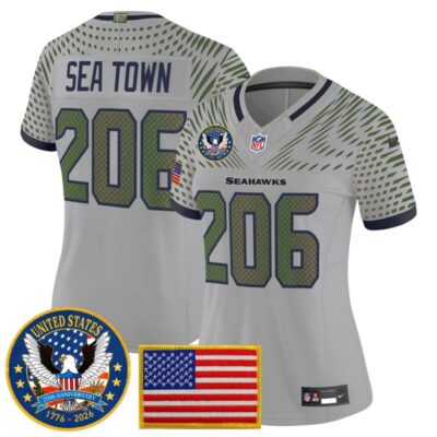 Women's Seattle Seahawks "United States 250th Anniversary Patch" Vapor Limited Jersey - Wolf Gray / Sea Town 206