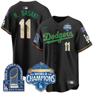 Men's Los Angeles Dodgers #11 Roki Sasaki Black 2026 Mexico World Series Champions 9x Champs With No. 34 Patch Stitched Baseball Jersey