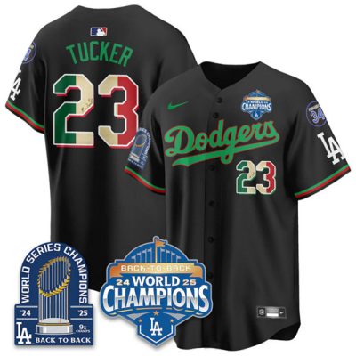 Men's Los Angeles Dodgers #23 Kyle Tucker Black 2026 Mexico World Series Champions 9x Champs With No. 34 Patch Stitched Baseball Jersey