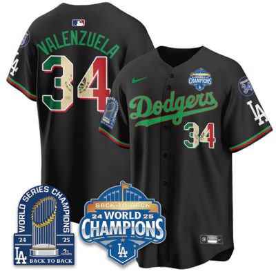 Men's Los Angeles Dodgers #34 Fernando Valenzuela Black 2026 Mexico World Series Champions 9x Champs With No. 34 Patch Stitched Baseball Jersey
