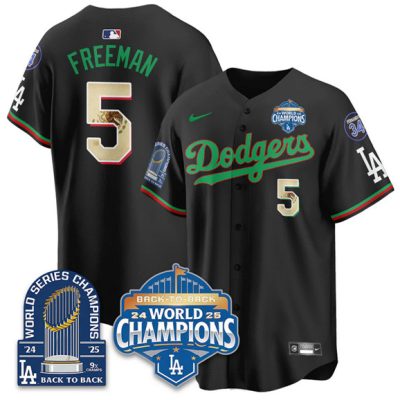 Men's Los Angeles Dodgers #5 Freddie Freeman Black 2026 Mexico World Series Champions 9x Champs With No. 34 Patch Stitched Baseball Jersey