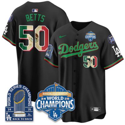 Men's Los Angeles Dodgers #50 Mookie Betts Black 2026 Mexico World Series Champions 9x Champs With No. 34 Patch Stitched Baseball Jersey