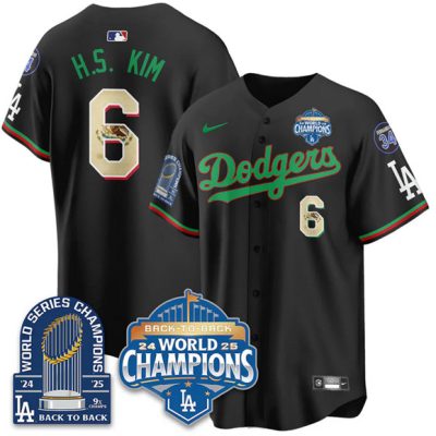 Men's Los Angeles Dodgers #6 5 Freddie Freeman Black 2026 Mexico World Series Champions 9x Champs With No. 34 Patch Stitched Baseball Jersey